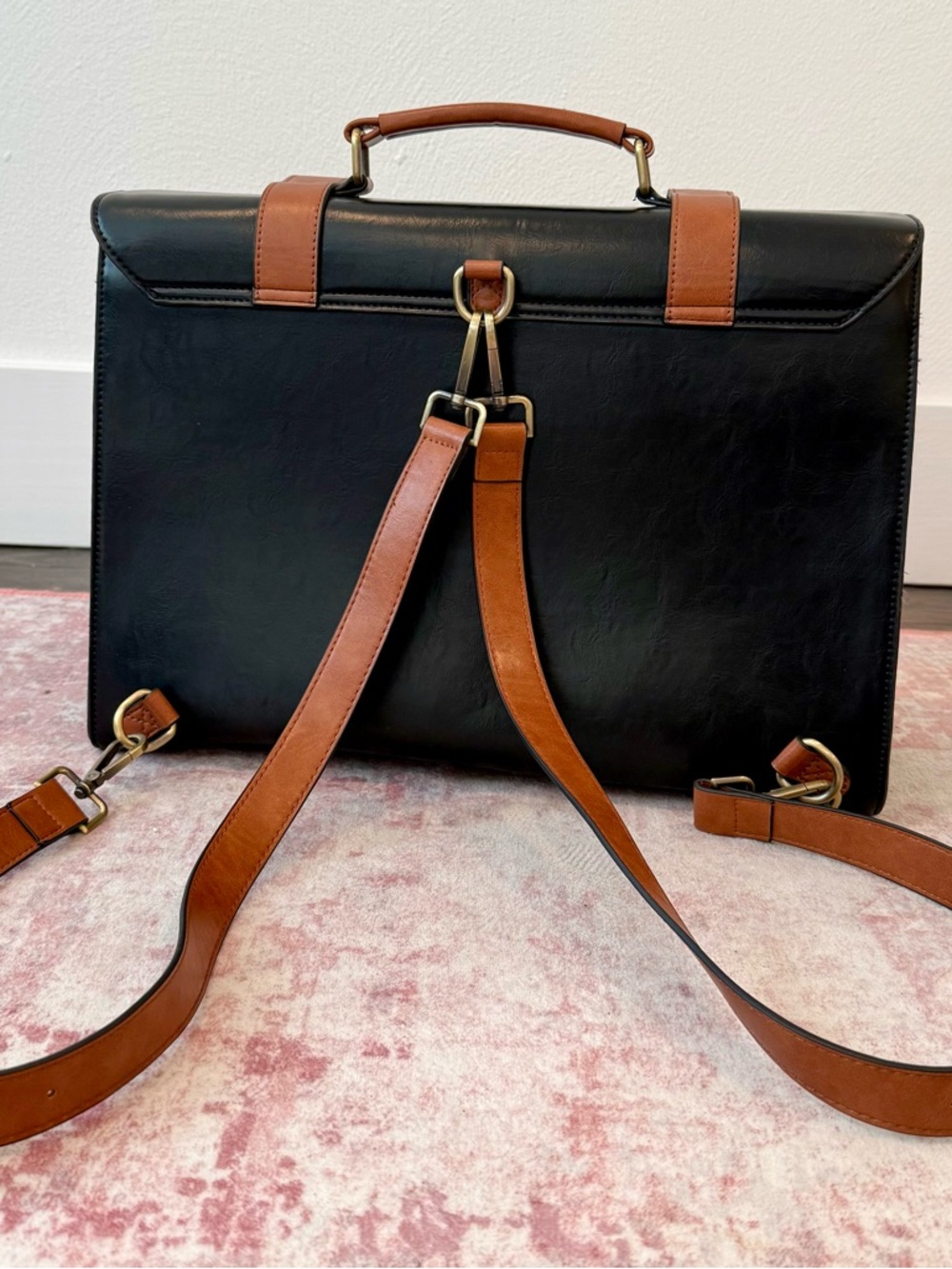 Black and Brown Leather Brief Backpack - Picture 6 of 6